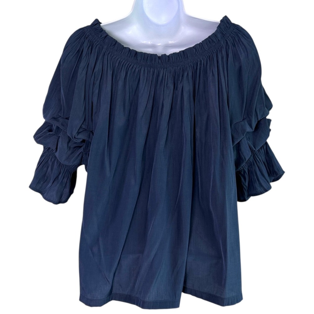 Mersea Womens Ruffle Sleeve Top Size M Navy Off Shoulder Boho Chic Coastal Luxe - Picture 3 of 7